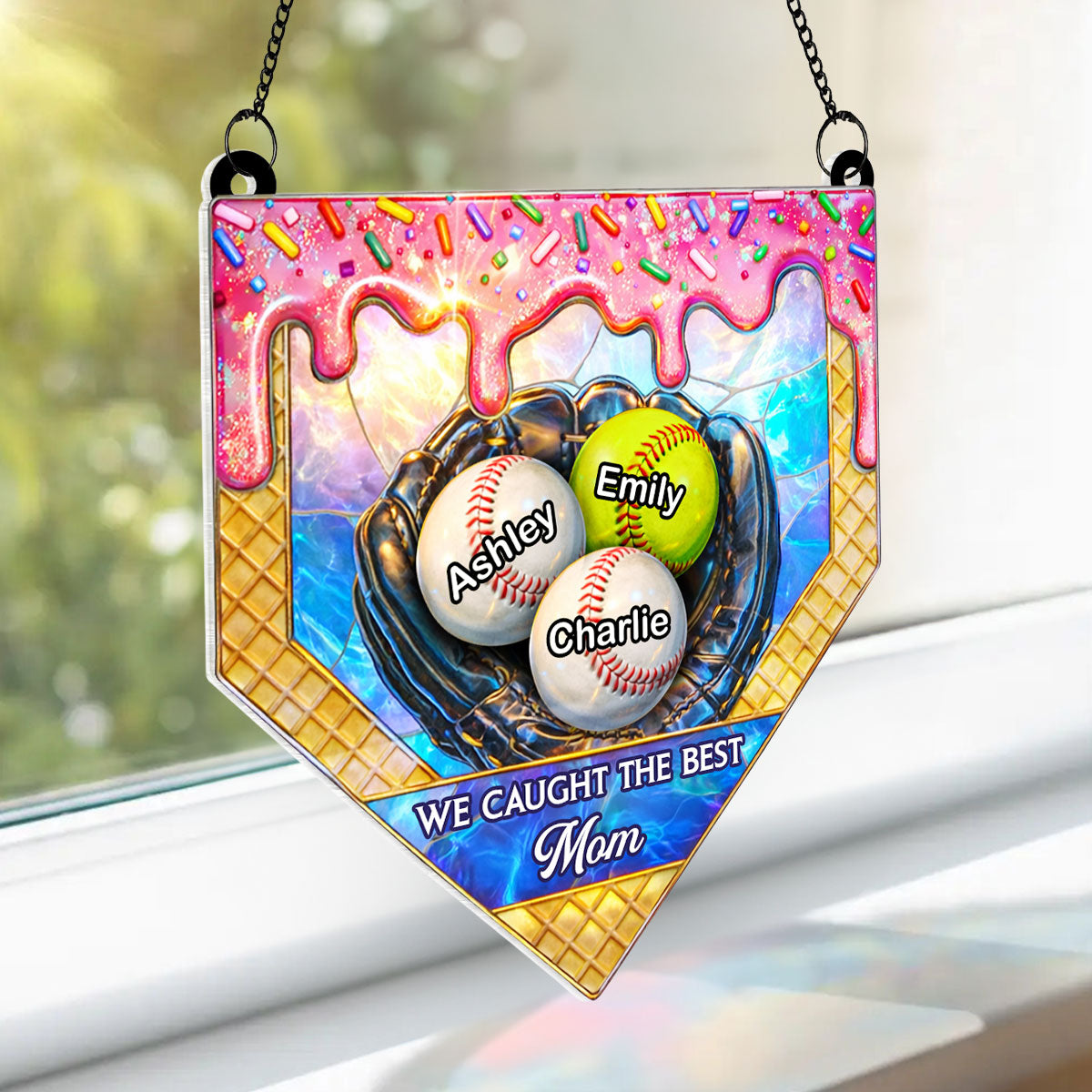 Icecream Drip Baseball We Caught the Best Mom - Personalized Suncatcher - Mother's Day Gift for Mom, Wife
