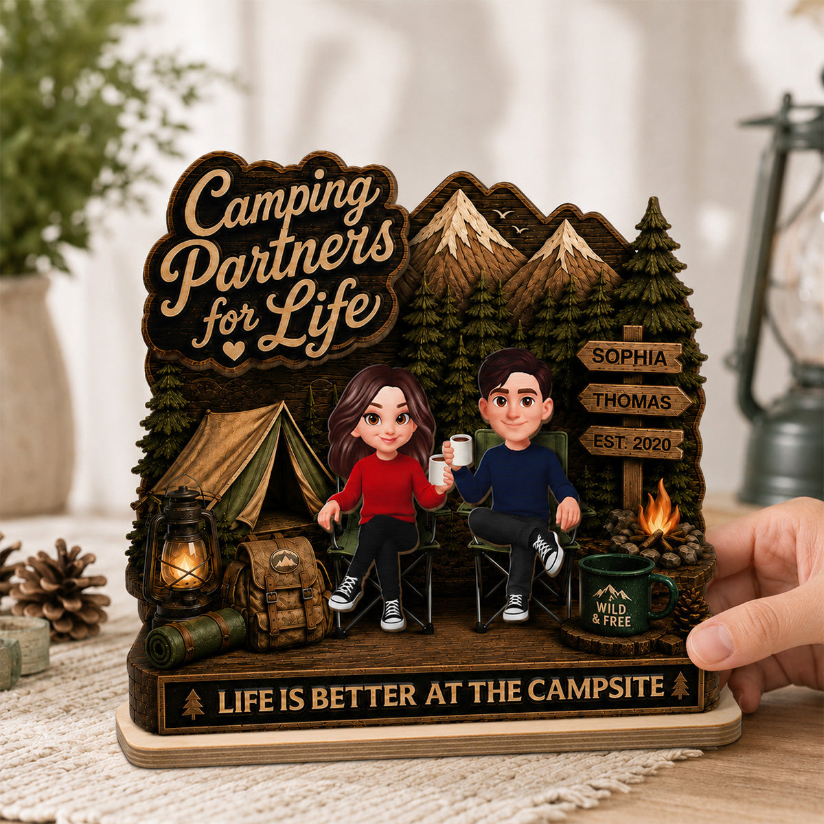 Camping Partners For Life 2D Flat - Personalized 2-Layered Wooden Plaque