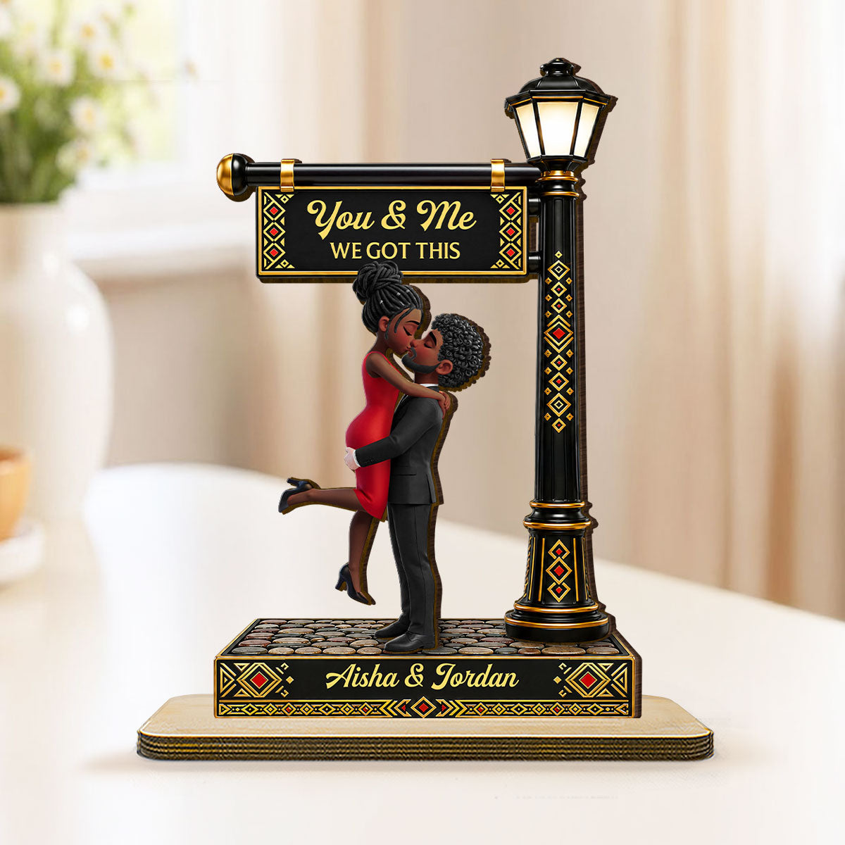 Everlasting Love Couple Together Tribal Pattern Lamp Post - Personalized 2-Layered Wooden Plaque - Anniversary Gift For Couple