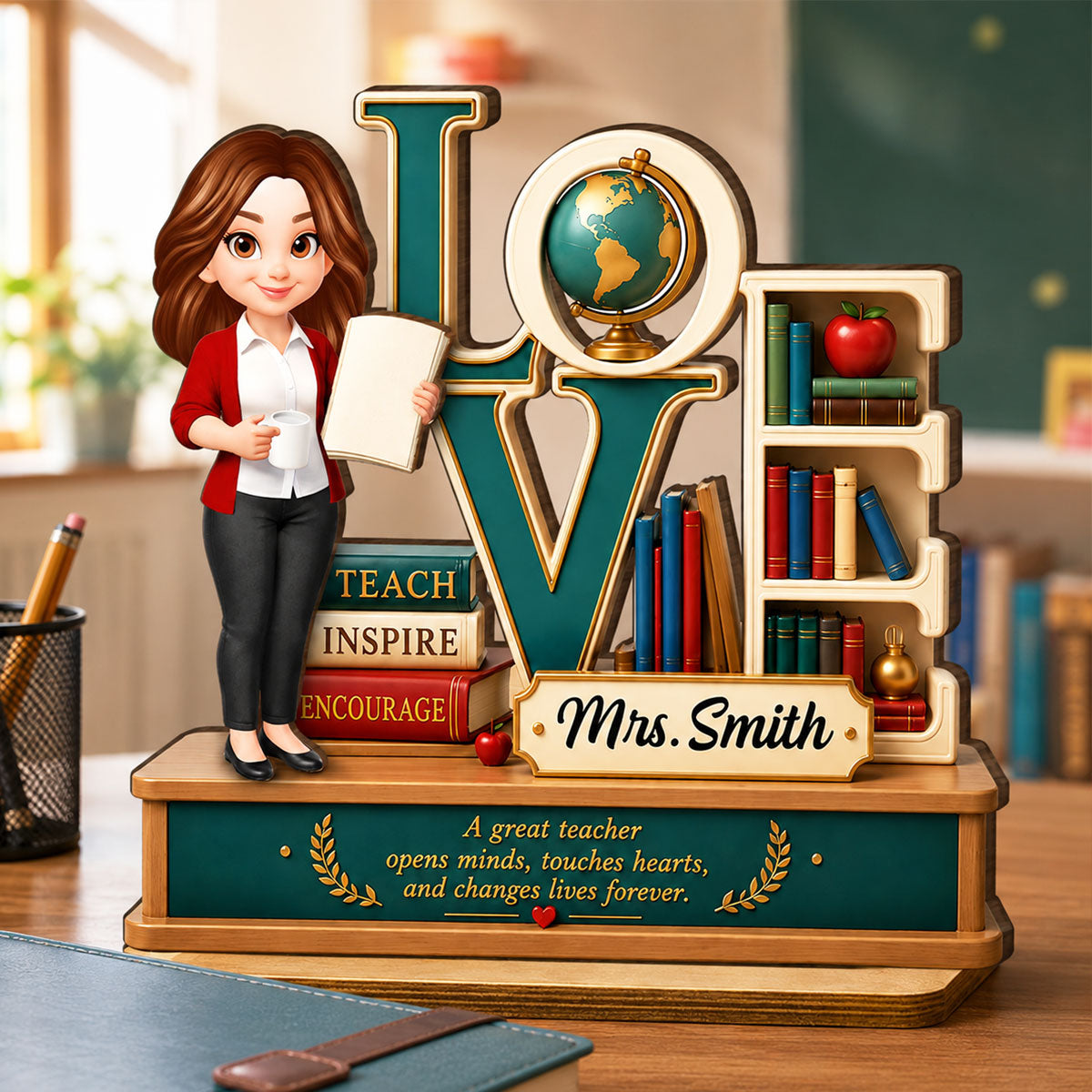 Teach Inspire Encourage Teacher - Personalized 2-Layered Wooden Plaque - Back To School Gift For Teachers, Classroom Decors