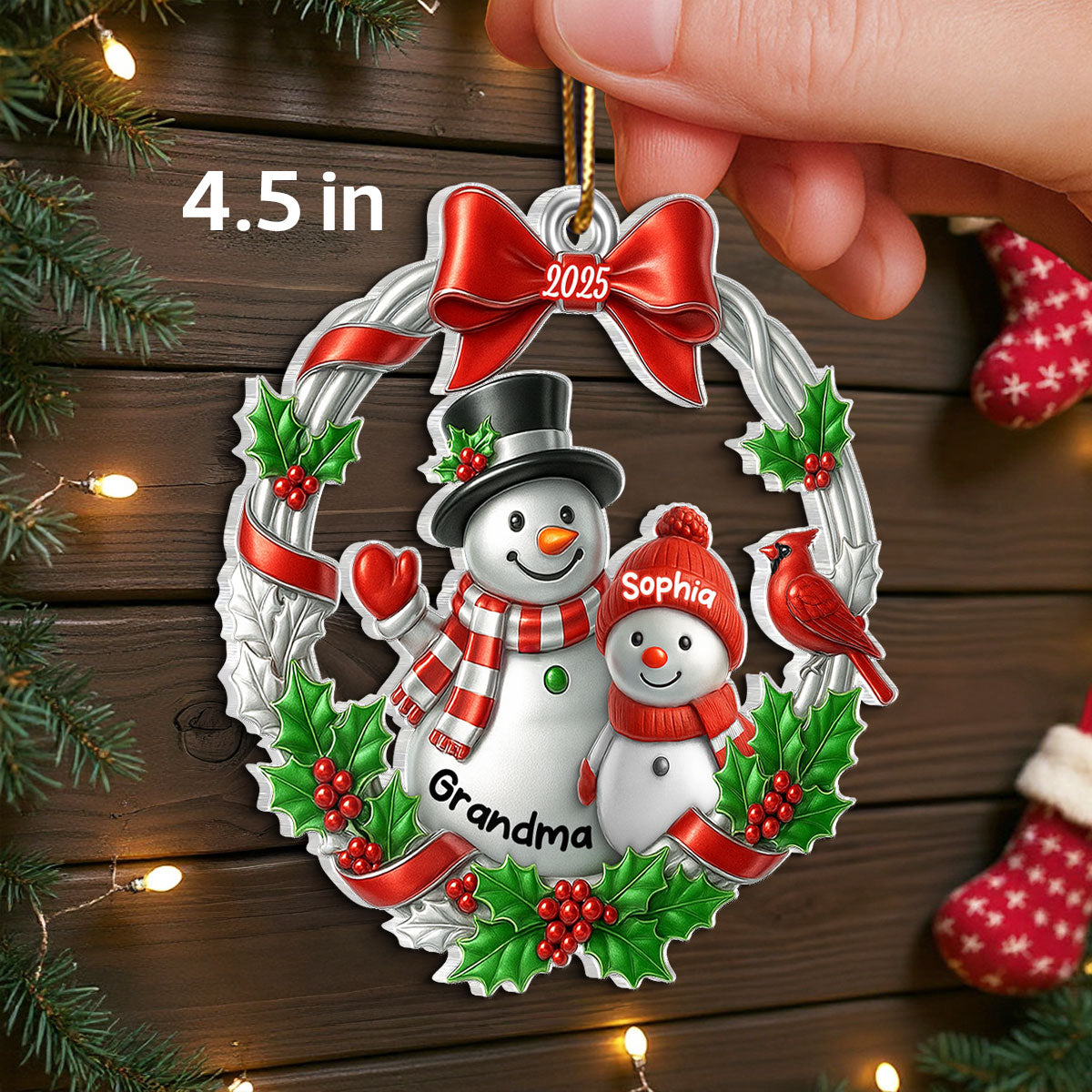 3D Metallic Effect Snowman Grandma Grandkid - Personalized Acrylic Ornament - Christmas Gift for Grandma