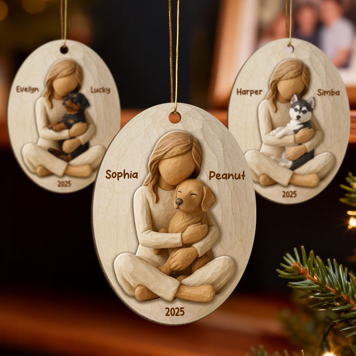 3D Effect Girl & Her Dog - Personalized Wooden Ornament - Gift For Dog Lover