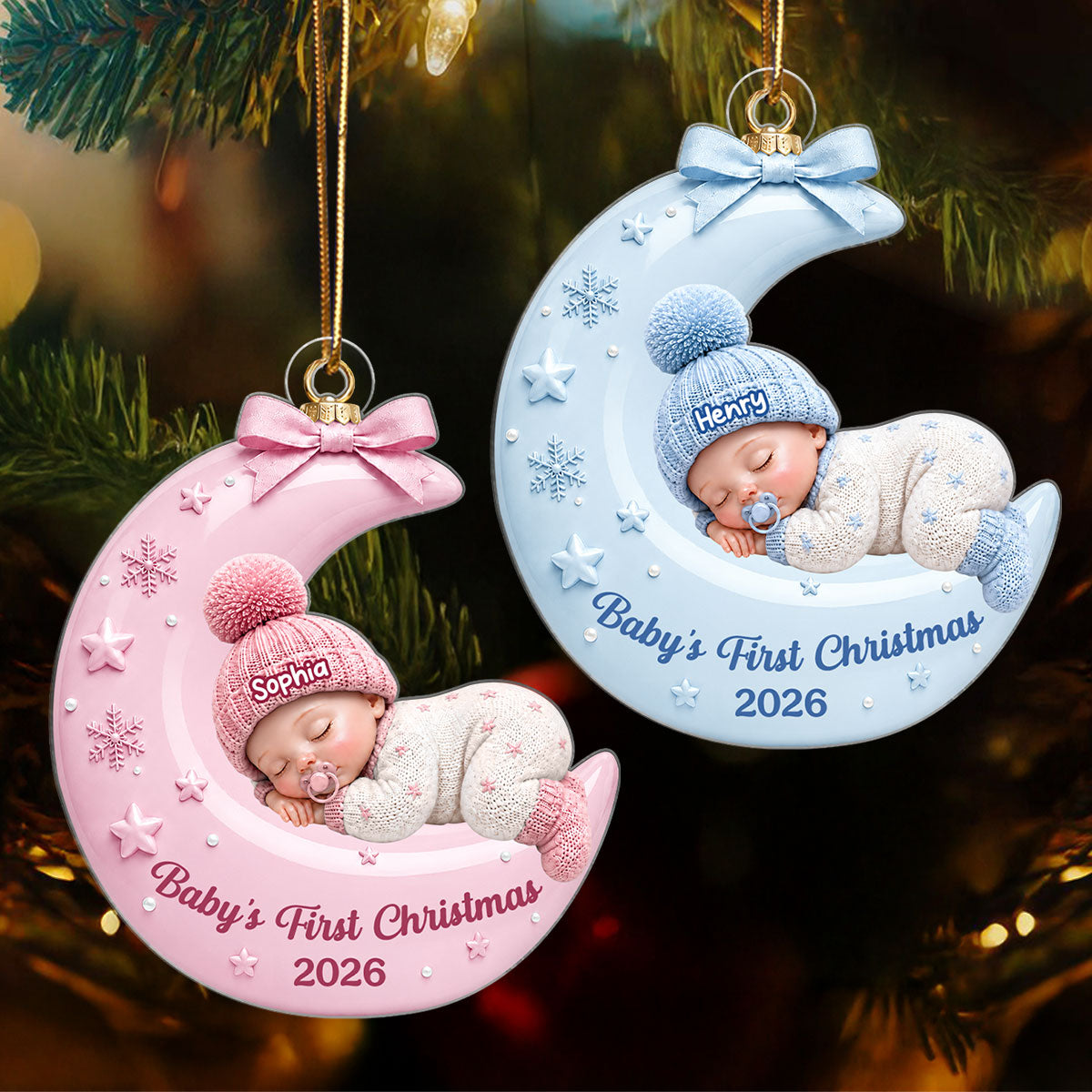 Pastel Pink Baby On Moon - Personalized Acrylic Ornament - Unique Christmas Gift For New Parent, Newborn Keepsake