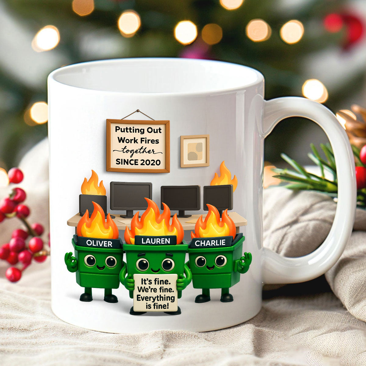 Funny Dumpster Fire Office Chaos - Personalized Mug - Funny Christmas Gift, White Elephant Gift for Coworkers