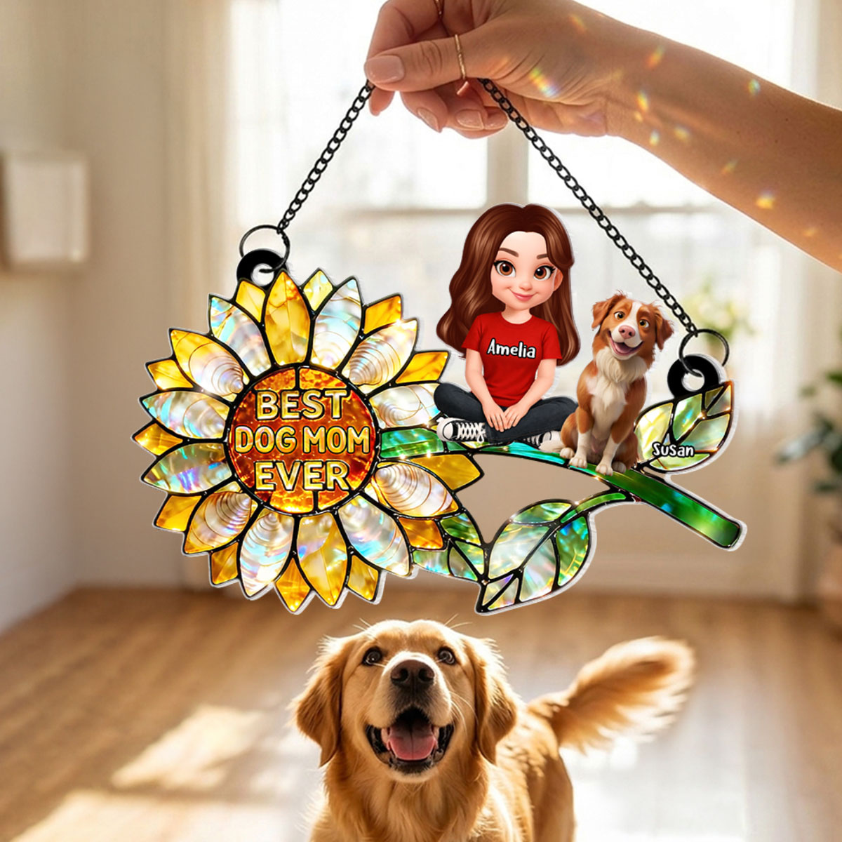 Sunflower Dog Mom and Dogs Sitting - Personalized Window Hanging Suncatcher - Mother's Day Gift for Mom, Wife
