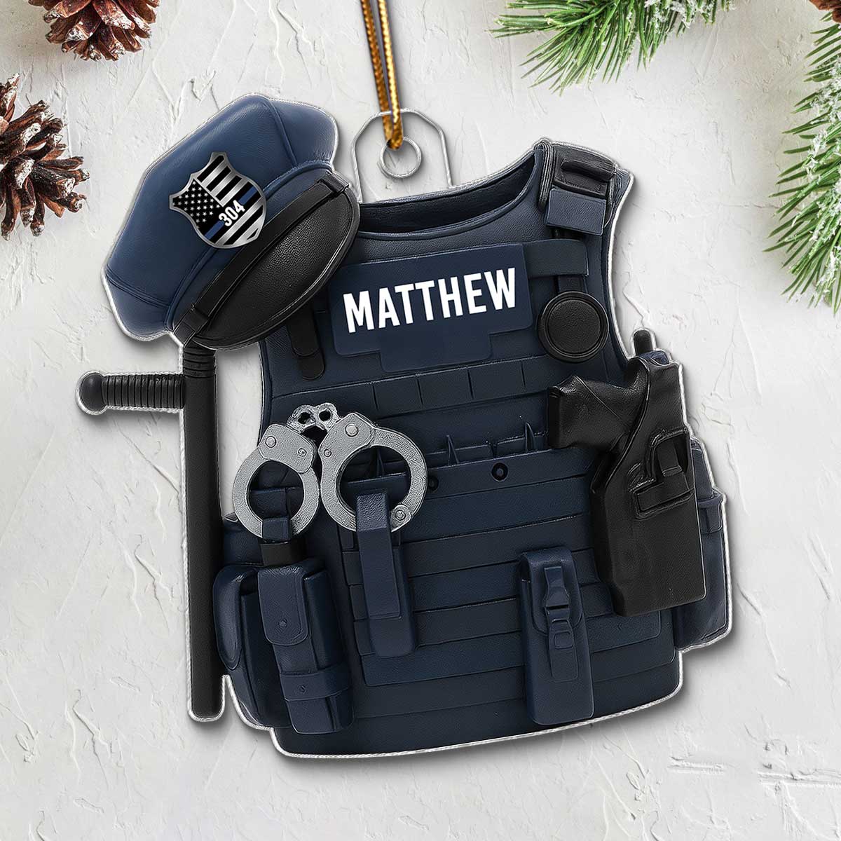 3D Effect Police Bulletproof Vest & Hat - Personalized Acrylic Ornament - Christmas Gift For Police