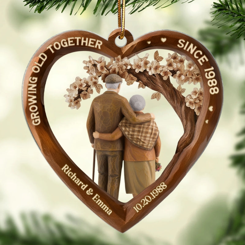 Growing Old Together Couple 3D Wooden Effect - Personalized Acrylic Ornament - Christmas Gift for Couples