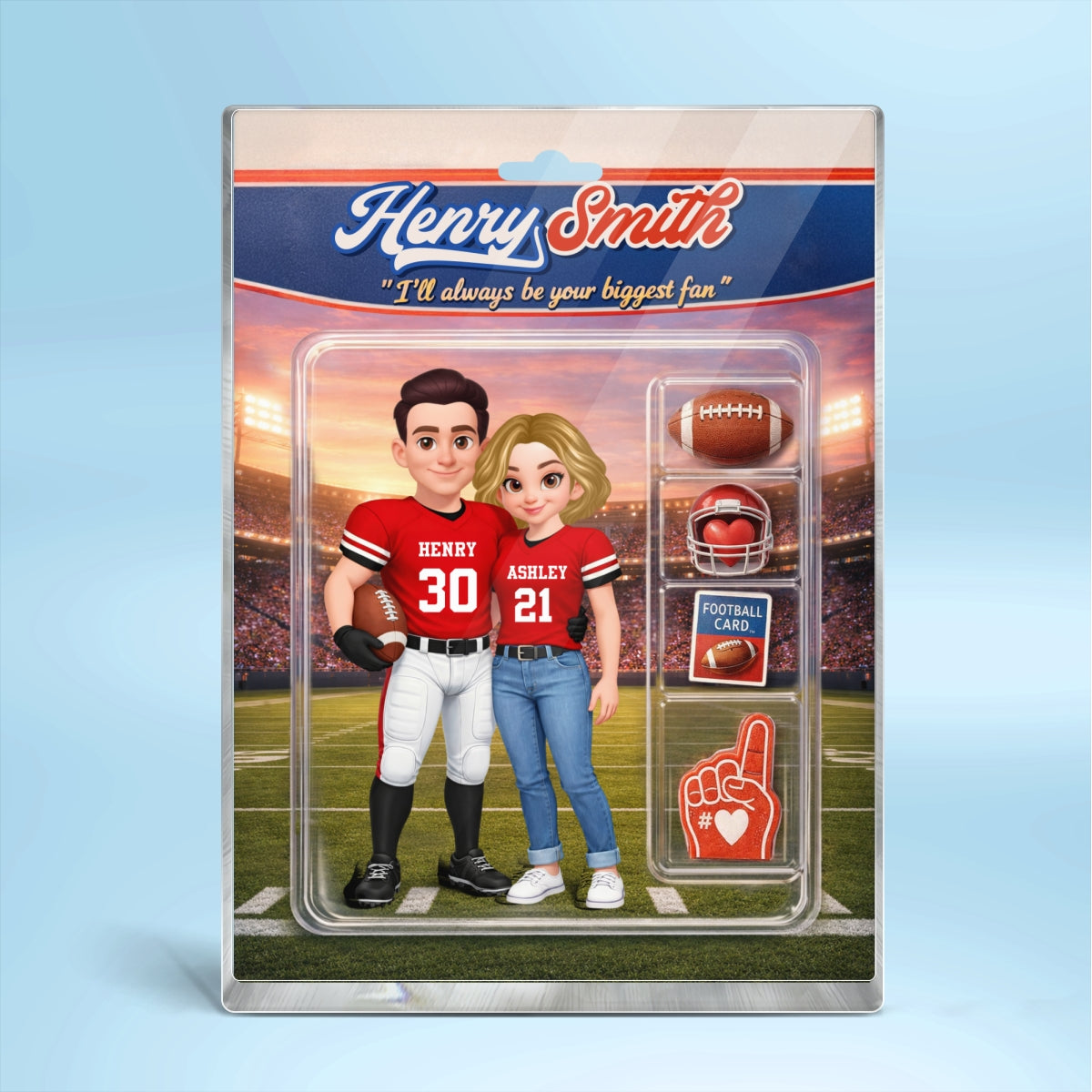 Football Couple I'll Always Be Your Biggest Fan Custom Action Figure - Personalized Acrylic Block Plaque - Sentimental Gift for Him