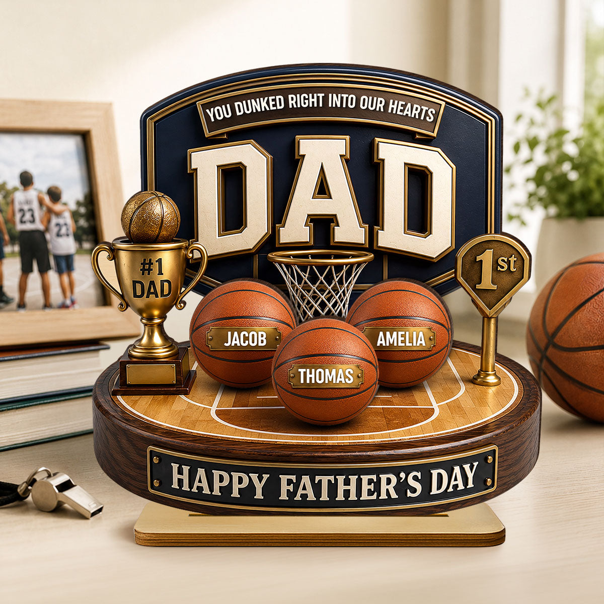 Basketball Trophy You Dunked Right Into Our Hearts - Personalized 2-Layered Wooden Plaque -  Gift For Dad, Husband