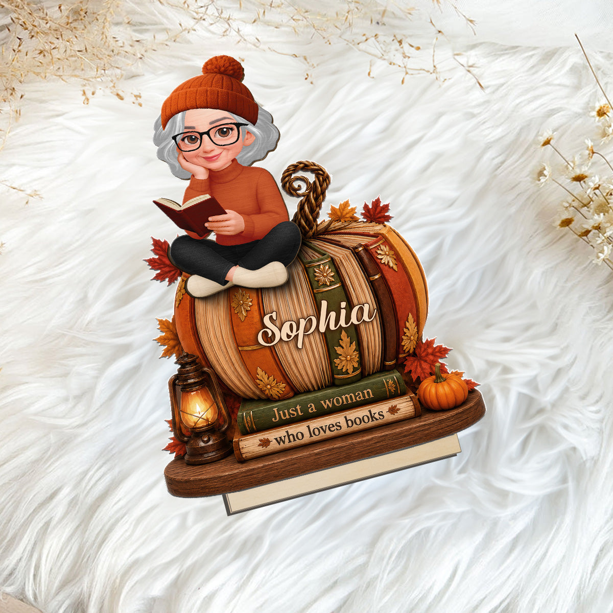 Girl Reading Book On Fall Book Pumpkin 2D Flat - Personalized 2-Layered Wooden Plaque - Fall Season Decor For Book Lover