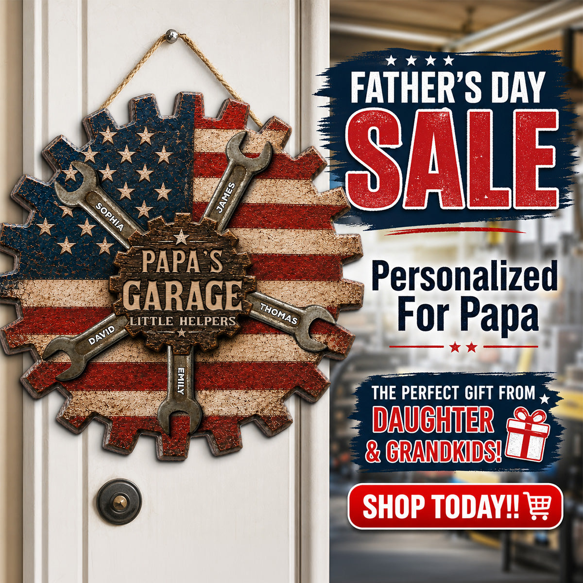 Rustic Workshop Little Helpers Nation Flag Theme 2D Flat - Personalized Wooden Garage Sign - Father's Day Gift For Patriotic Mechanic Dad, Grandpa
