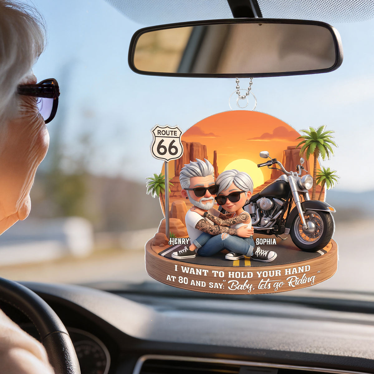 3D Effect Old Couple Baby Let's Go Riding  - Personalized Acrylic Car Hanger - Sentimental Gift for him, for her