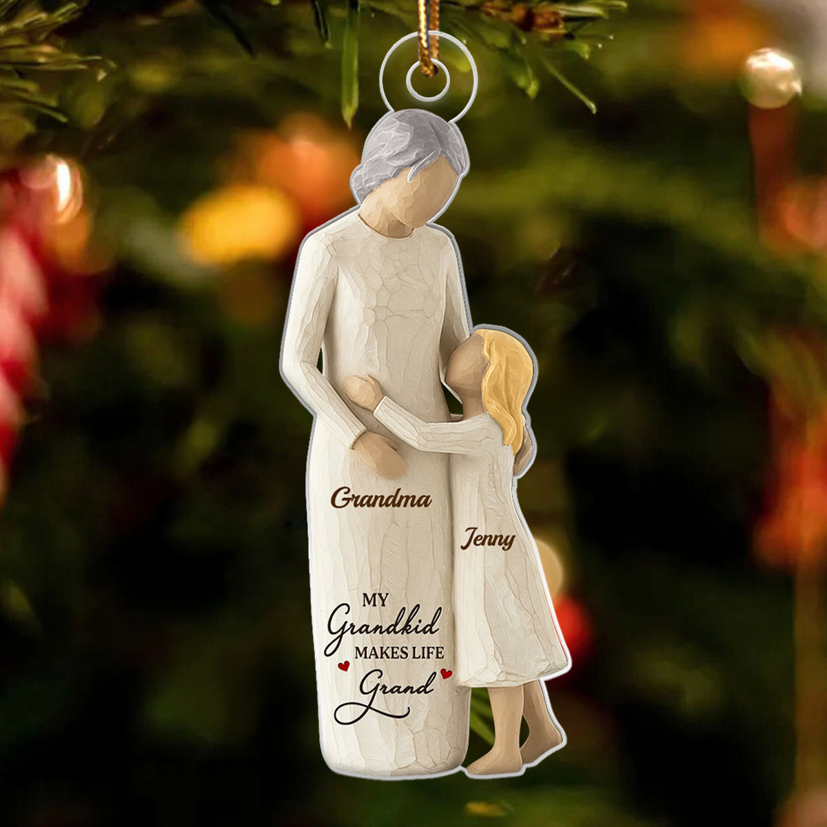 Grandma And Granddaughter Grandson Wooden Figurine - Personalized Acrylic Ornament - Heartwarming Christmas Gift For Grandma, Grandkid, Family