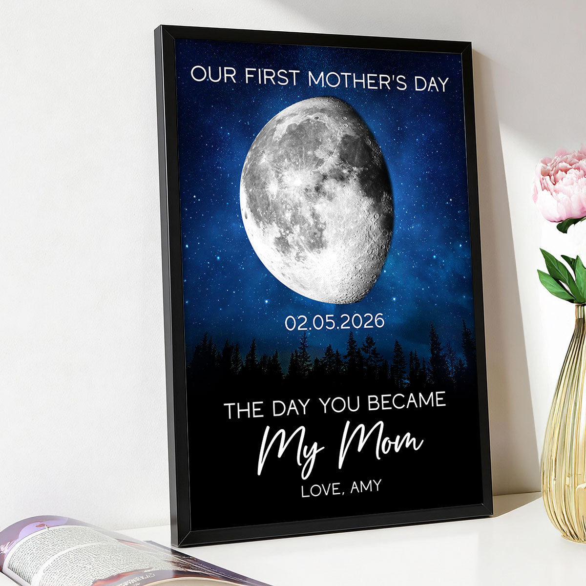 Galaxy Night The Day You Became My Mom Custom Moon Phase First Mother's Day - Personalized Poster - First Mother's Day Gift For New Mom
