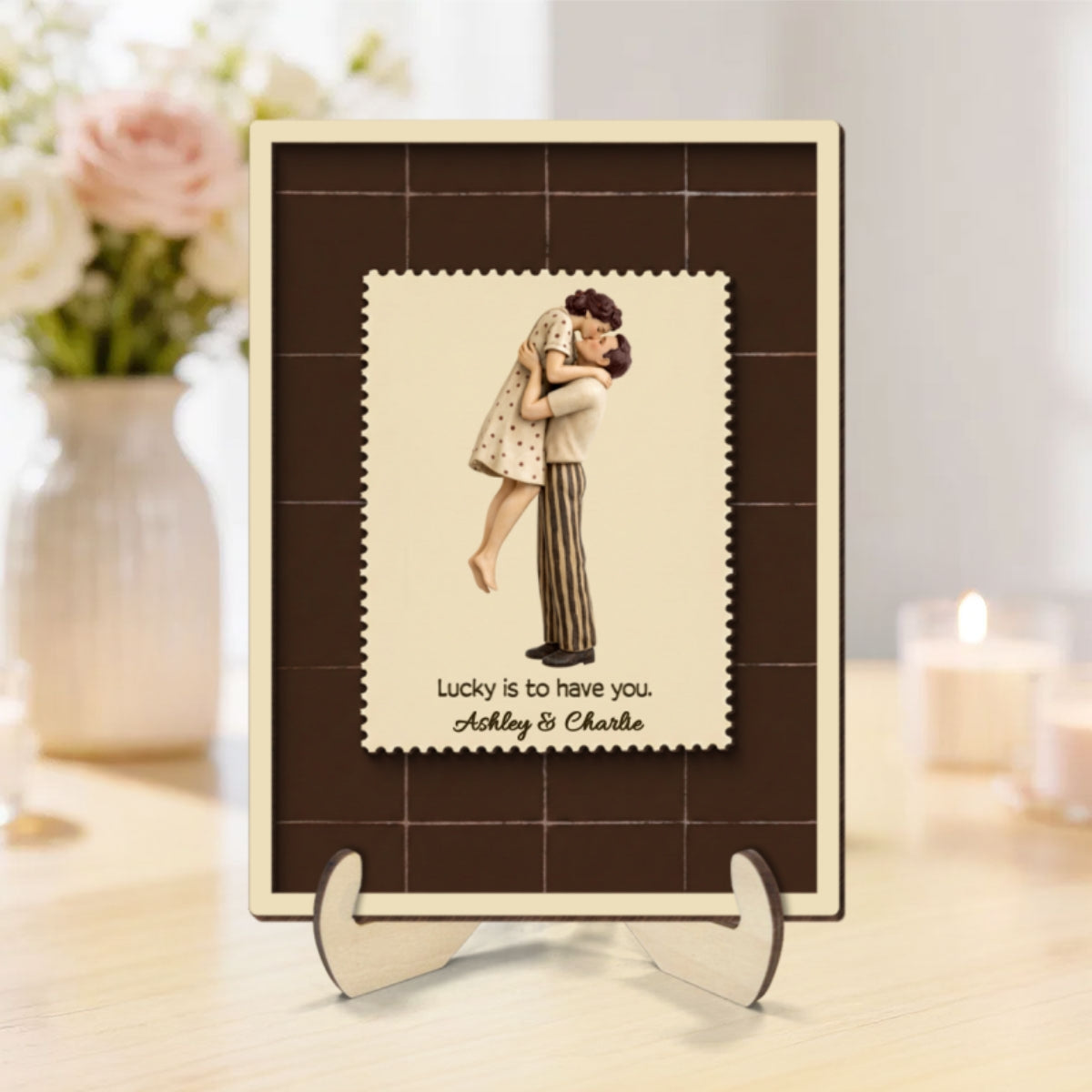 Lucky Is To Have You Mid-Century Couple - Personalized 2-Layered Wooden Plaque - Anniversary, Valentine's Day Gift, Gift For Him, Gift For Her