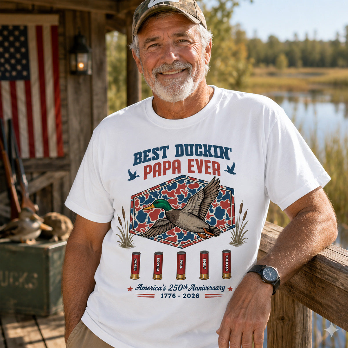 Best Duckin' Dad Grandpa Custom Kid Names - Personalized Shirt - American 250th Anniversary Gift For Patriotics Duck Hunting
