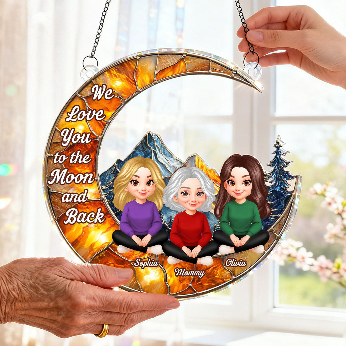 Mother Daughter Son Sitting on Moon - Personalized Suncatcher Ornament - Heartfelt Mother's Day Gift for Mom, Wife