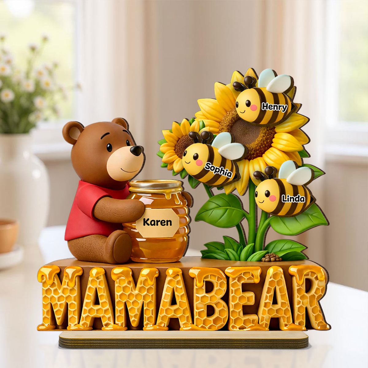 Mama Bear And Little Bees - Personalized 2-Layered Wooden Plaque - Heartfelt Gift For Mom, Grandma