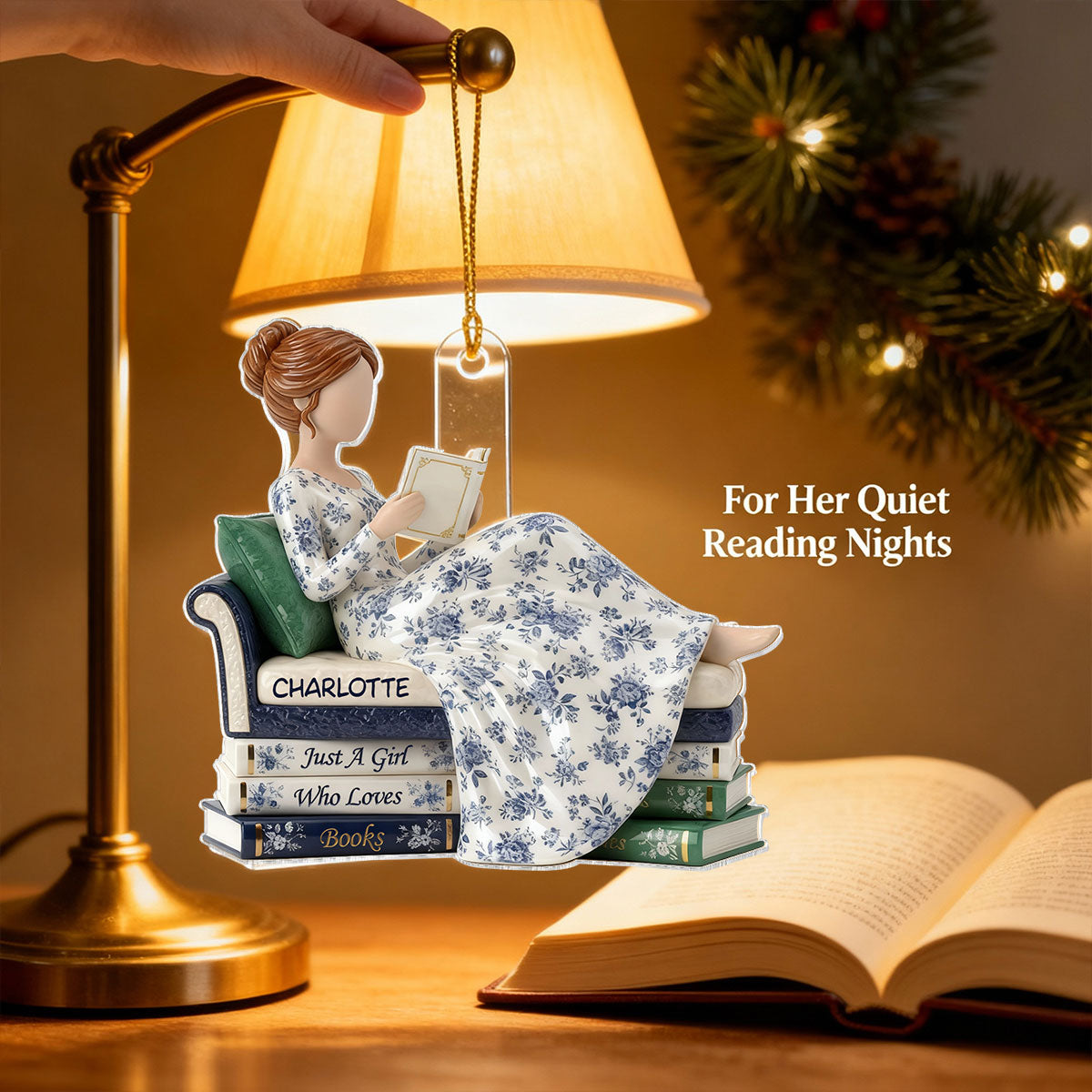 3D Effect Girl Reading Books On Sofa Toile De Jouy Pattern - Personalized Acrylic Ornament - Christmas Gift For Book Lover, Bookworm