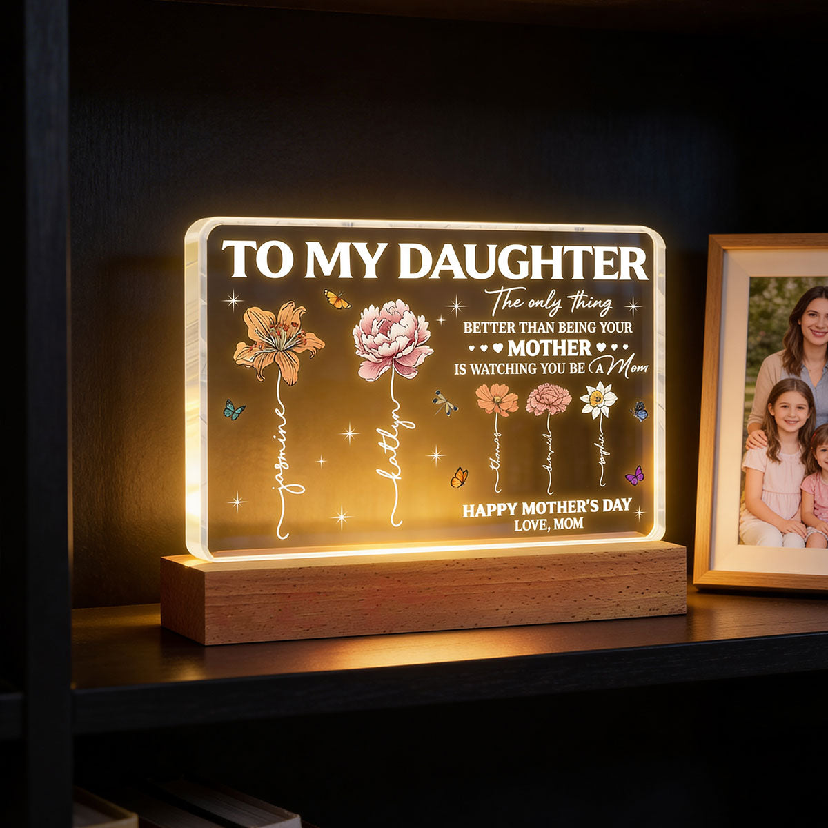 To My Daughter Mom And Daughter Custom Birth Month Flowers Kids Names - Personalized Acrylic Block LED Night Light - Mother's Day Gift For Daughter