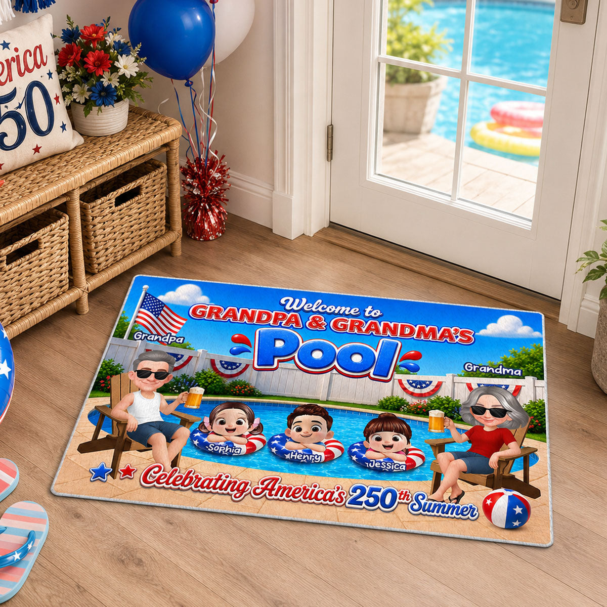 Welcome To Grandma Grandpa Pool America 250th Anniversary - Personalized Doormat - Gift For Grandparents, Summer Decoration