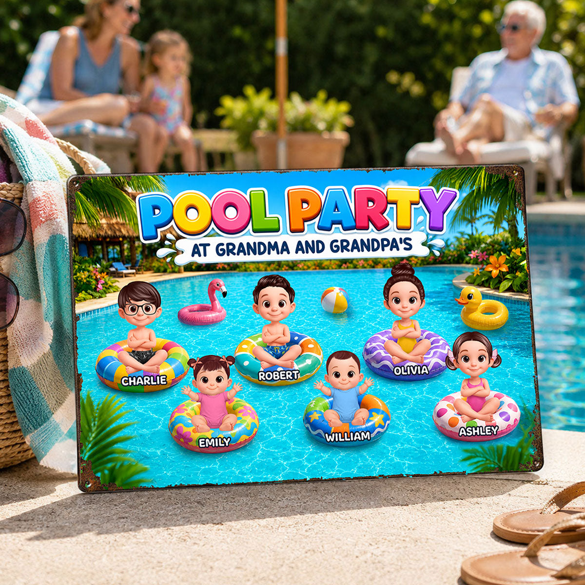 Pool Party At Grandpa Grandma's - Personalized Metal Sign - Gift For Grandparents, Summer Poolside Decoration