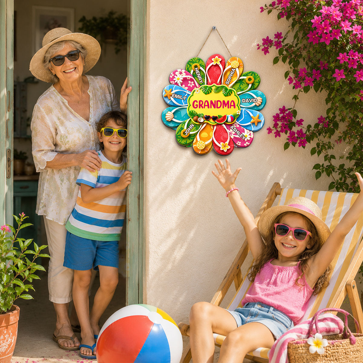 Hello Summer Grandma Flip Flop Custom Grandkids Names - Personalized Wood Sign - Summer Decoration