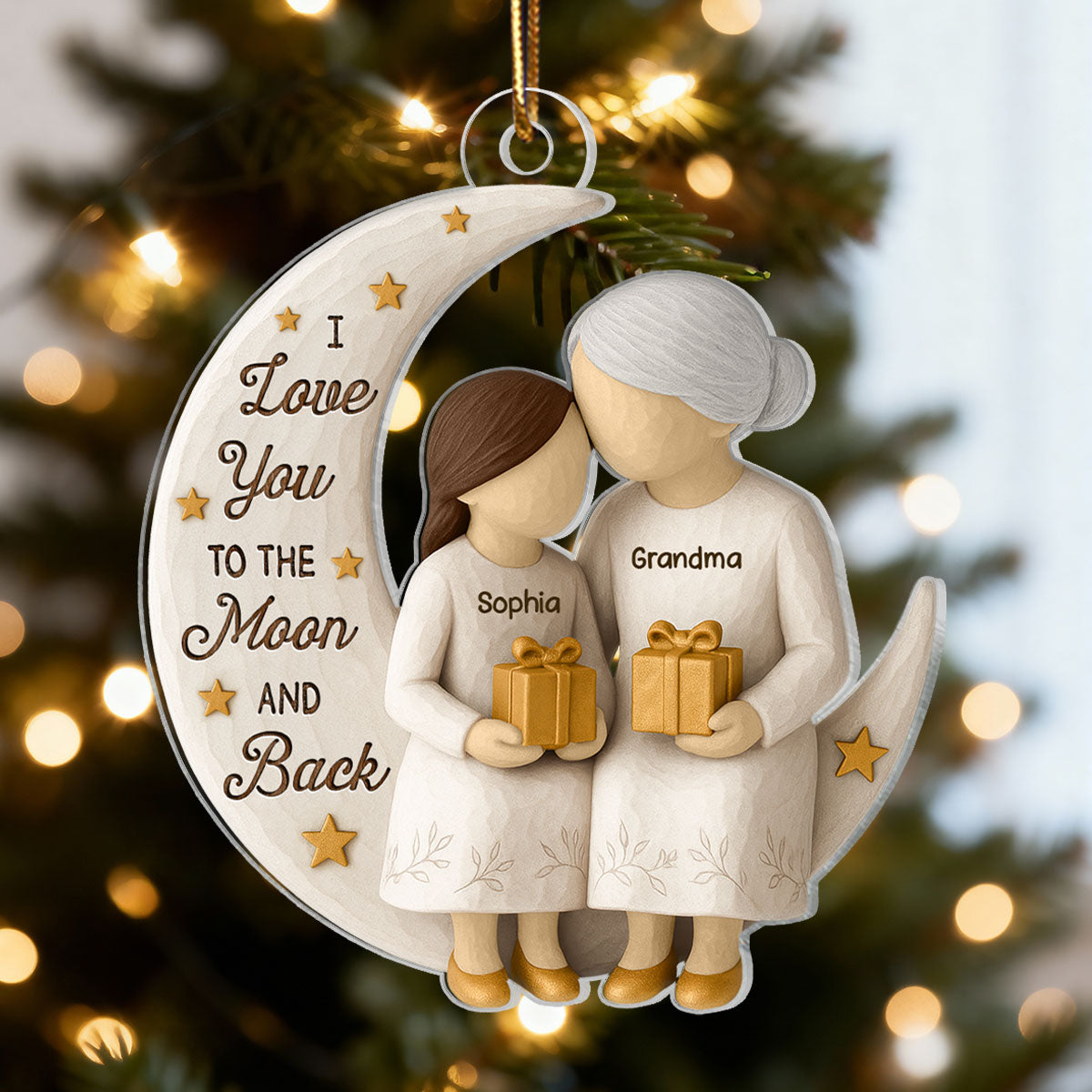 3D Effect Golden Star Grandma Grandkid On Moon - Personalized Acrylic Ornament - Gift For Granddaughter, Grandson