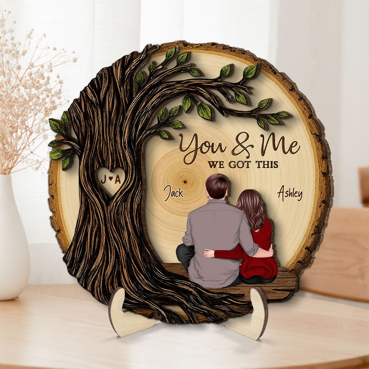 Couple Sitting Back View Under Heart Carved Tree - Personalized 2-Layered Wooden Plaque - Valentine's Day Gift For Couple