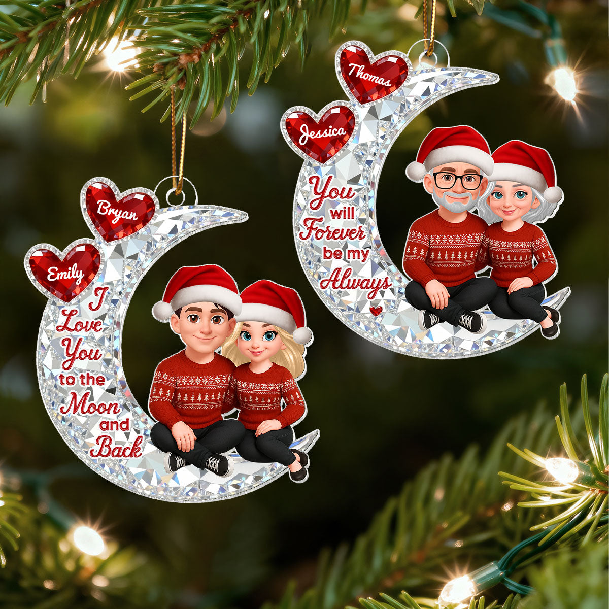 3D Effect Flat Couple Sitting On Moon - Personalized Acrylic Ornament - Heartfelt Gift For Couple, Gift For Him, For Her