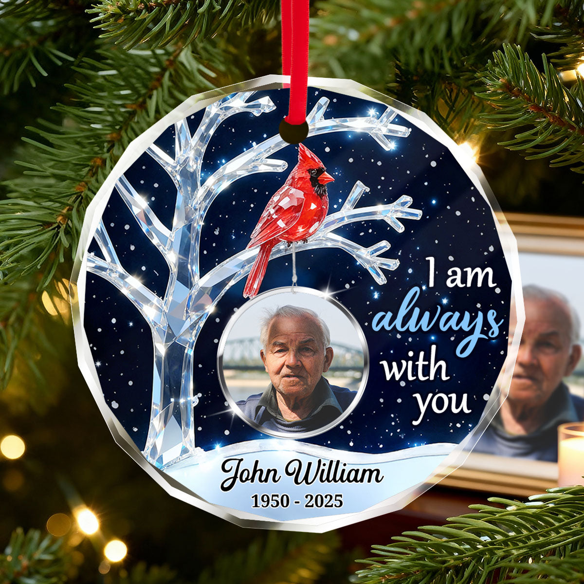3D Crystal Effect Memorial Winter Tree Cardinals Upload Photo - Personalized Glass Ornament - Remembrance Gift, Sympathy Gift
