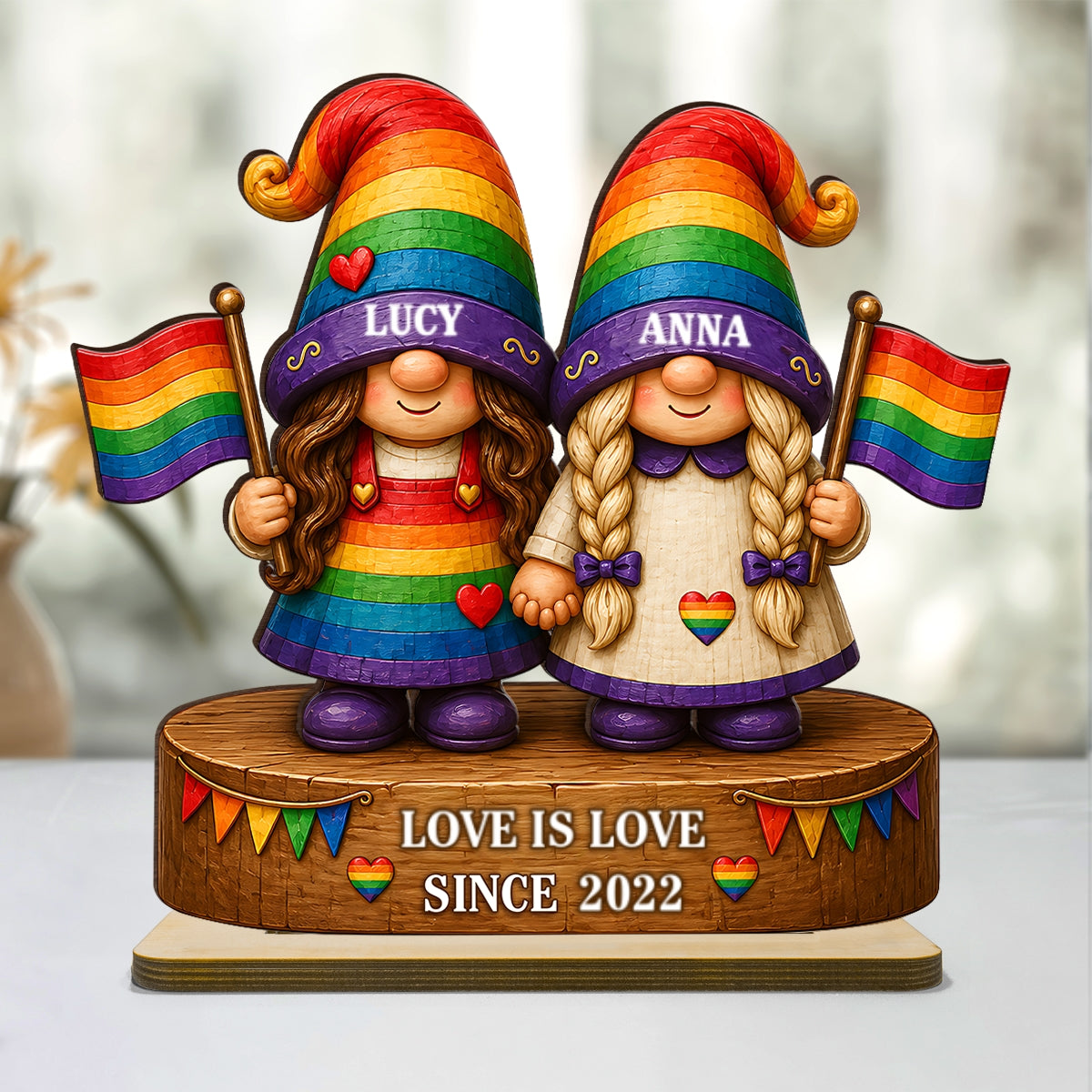 Love Is Love Rainbow Gnome Couple - Personalized 2-Layered Wooden Plaque - Gift For Couple, Happy Pride Month