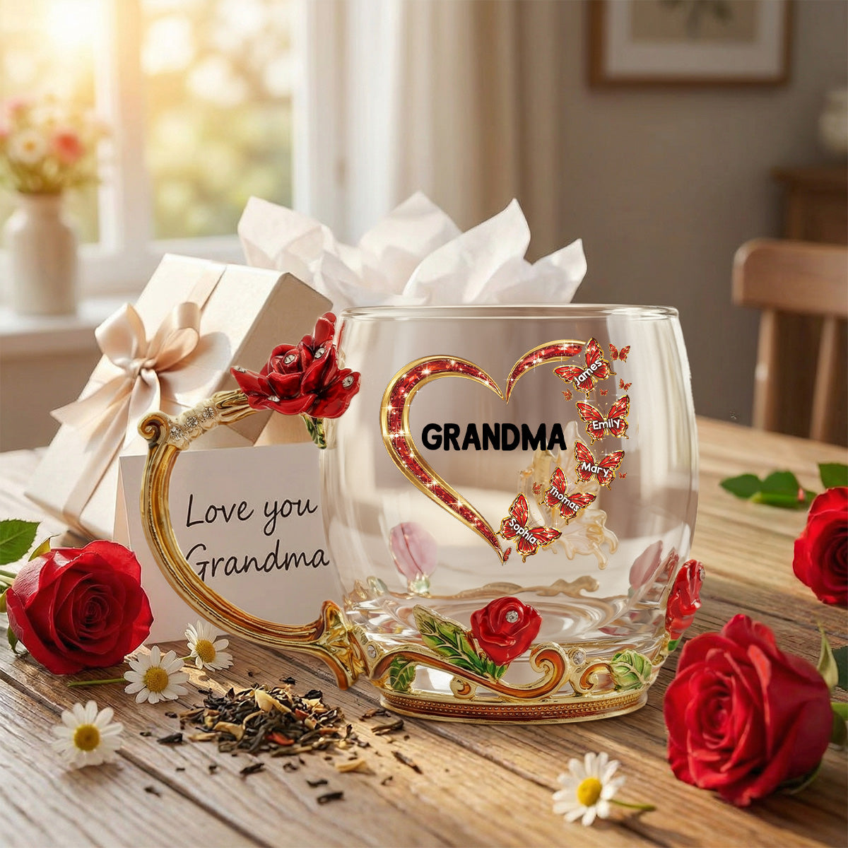 Grandma Butterflies Heart Custom Kids Names - Personalized Enamel Flower Tea Cup - Gift For Grandma, Mom