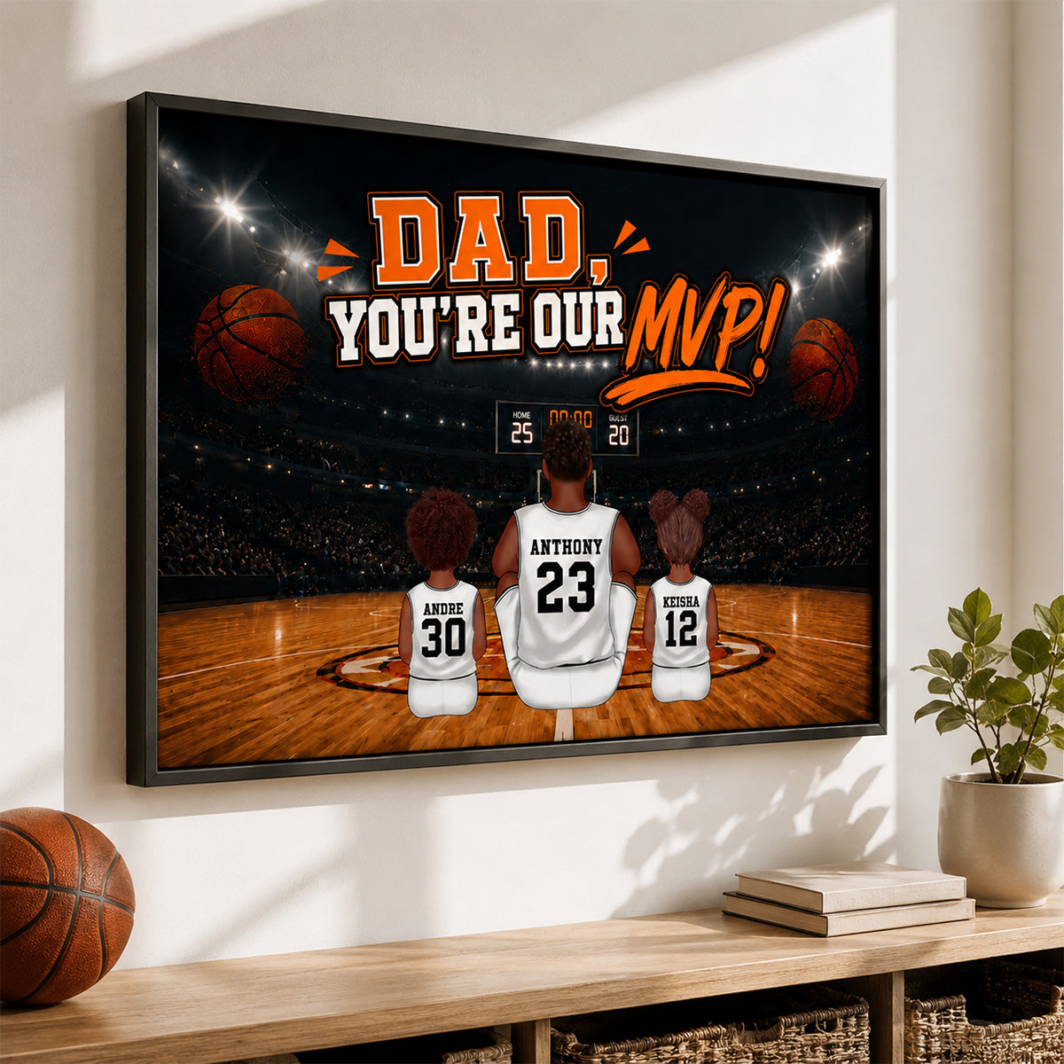 Dad You Are Our MVP Sitting Basketball Man & Kids 2D Flat - Personalized Poster - Father's Day Gift For Basketball Dad