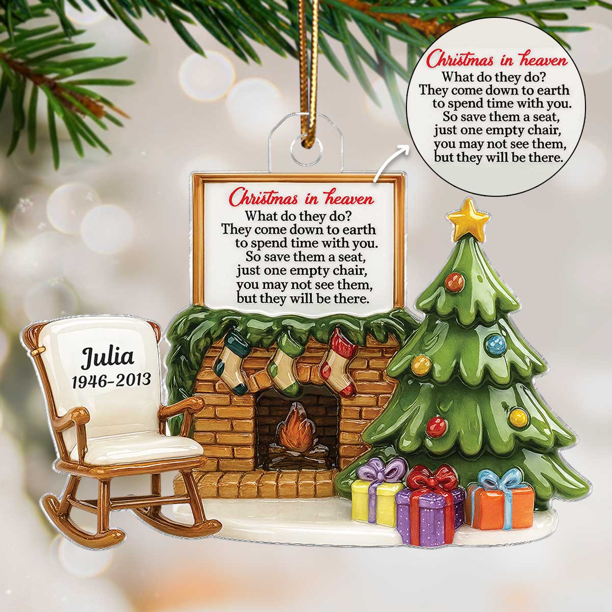 3D Effect Christmas In Heaven Chair At Fireplace - Personalized Acrylic Ornament - Christmas Memorial Keepsake For Family