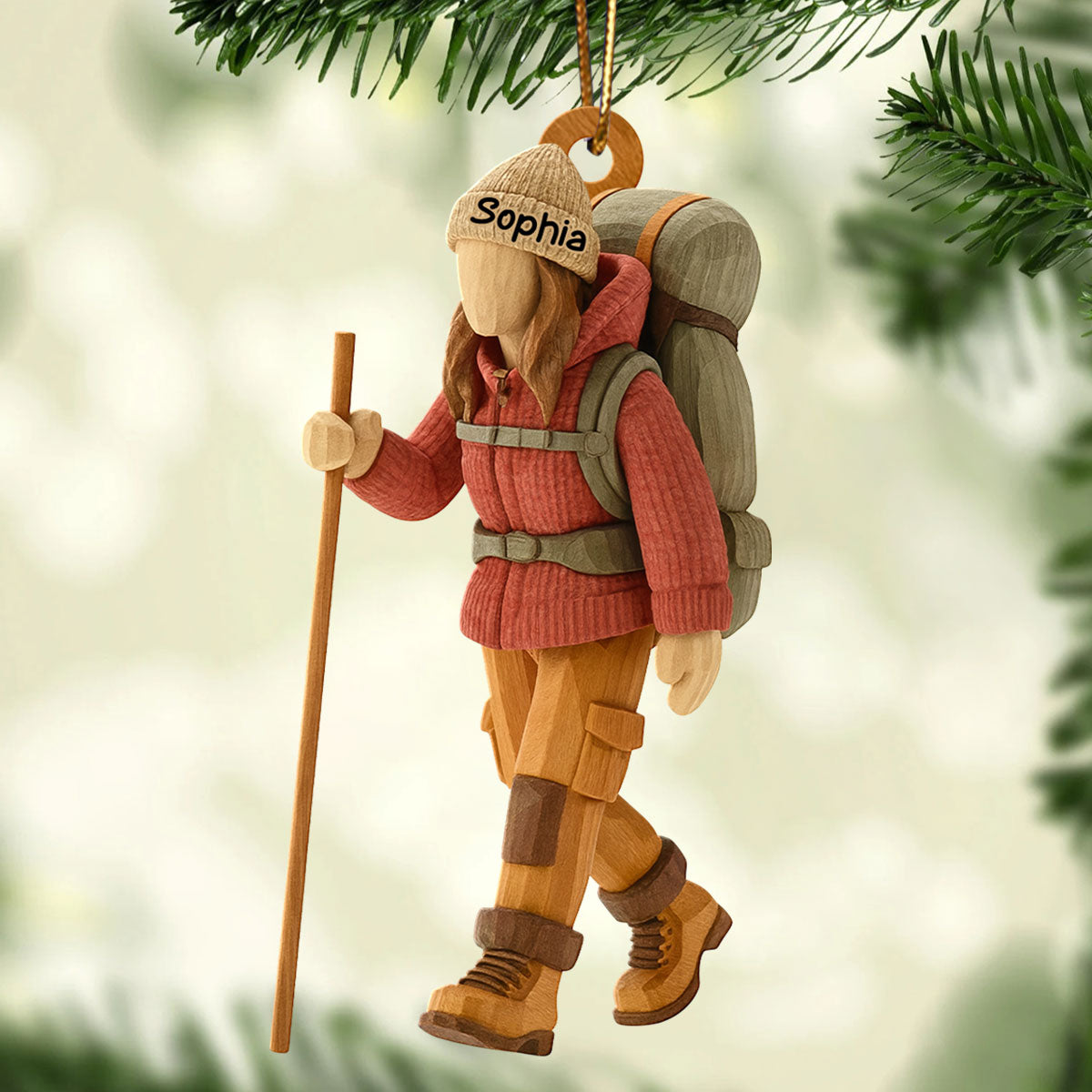 Hiking Girl Christmas - Personalized Wooden Ornament - Gift for Her