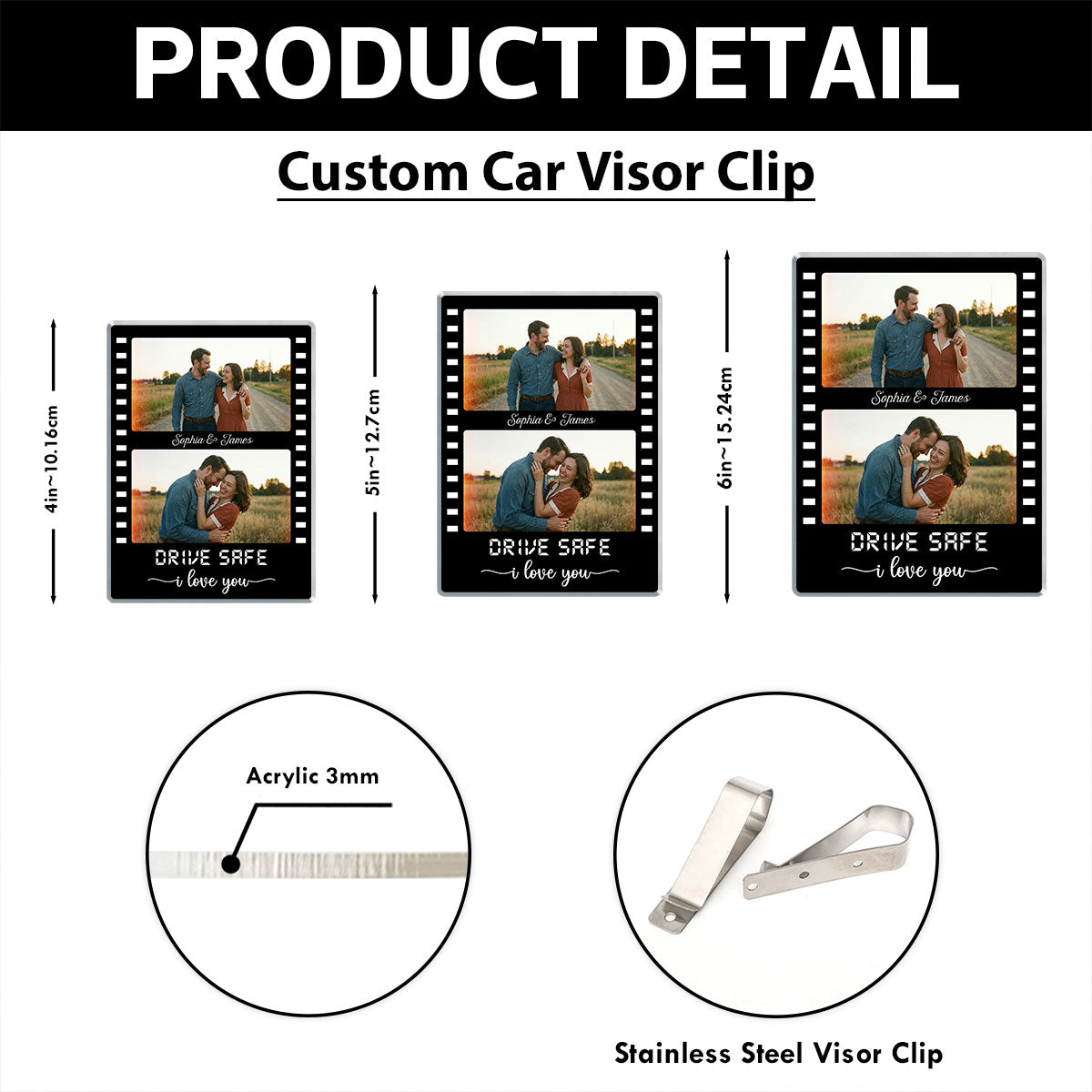 Drive Safe Couple Custom Photo Film Strip Style - Personalized Acrylic Car Visor - Gift For Him, Gift For Her