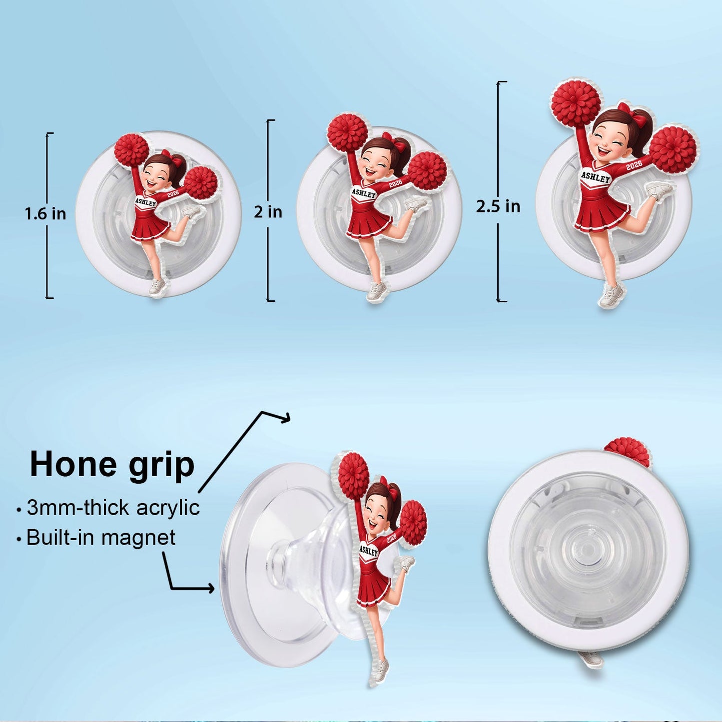 3D Effect Cheerleader Girl - Personalized Acrylic Magnetic Phone Grip - Gift for Daughter, for Granddaughter