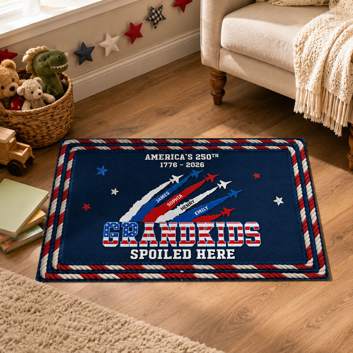 Proud Grandkids Spoiled Here American 250th Anniversary Faux Yarn Texture - Personalized Doormat - 250 Years Of Freedom Decoration, Gift For Grandparents