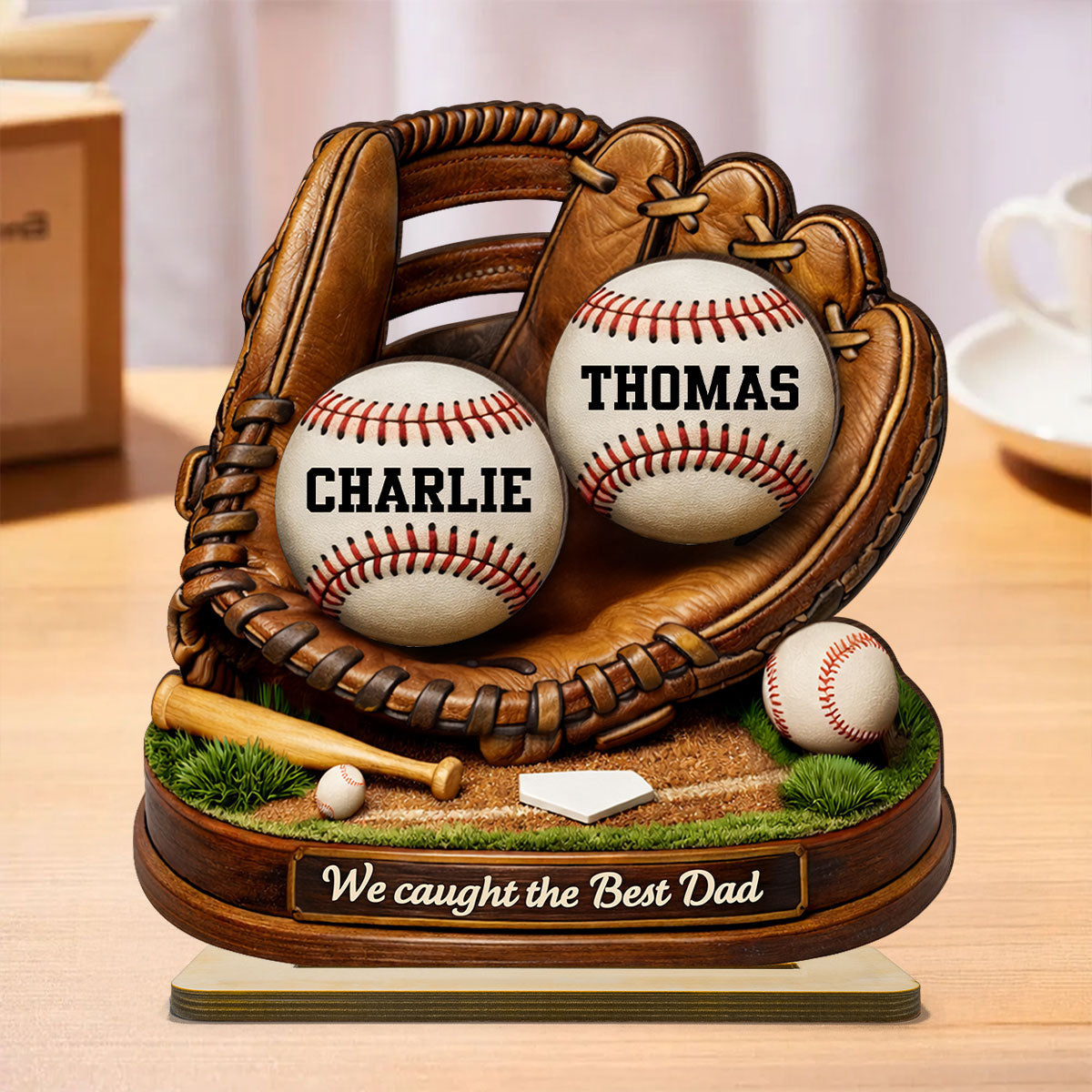 We Caught the Best Dad Baseball Softball - Personalized 2-Layered Wooden Plaque - Heartfelt Gift for Dad