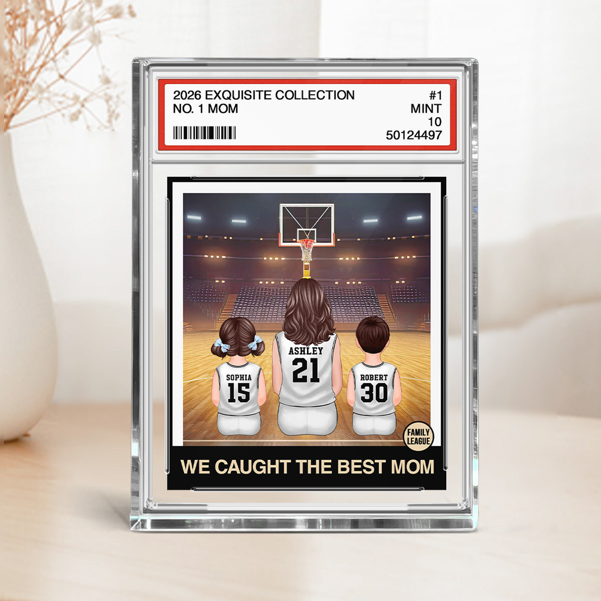 Basketball Mommy's Dream Team No. 1 Mom & Kids Sitting Trading Card Style - Personalized Acrylic Block Plaque