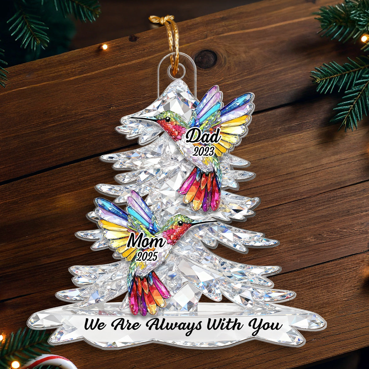 3D Effect Flat Christmas Tree Hummingbird Memorial - Personalized Acrylic Ornament - Remembrance Gift, Sympathy Gift