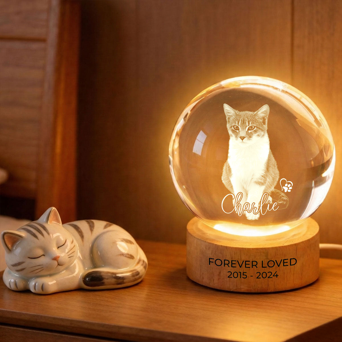 Custom Pet Photo Portrait Memorial - Personalized Crystal Ball LED Night Light - Heartfelt Gift for Pet Lovers, Pet Remembrance