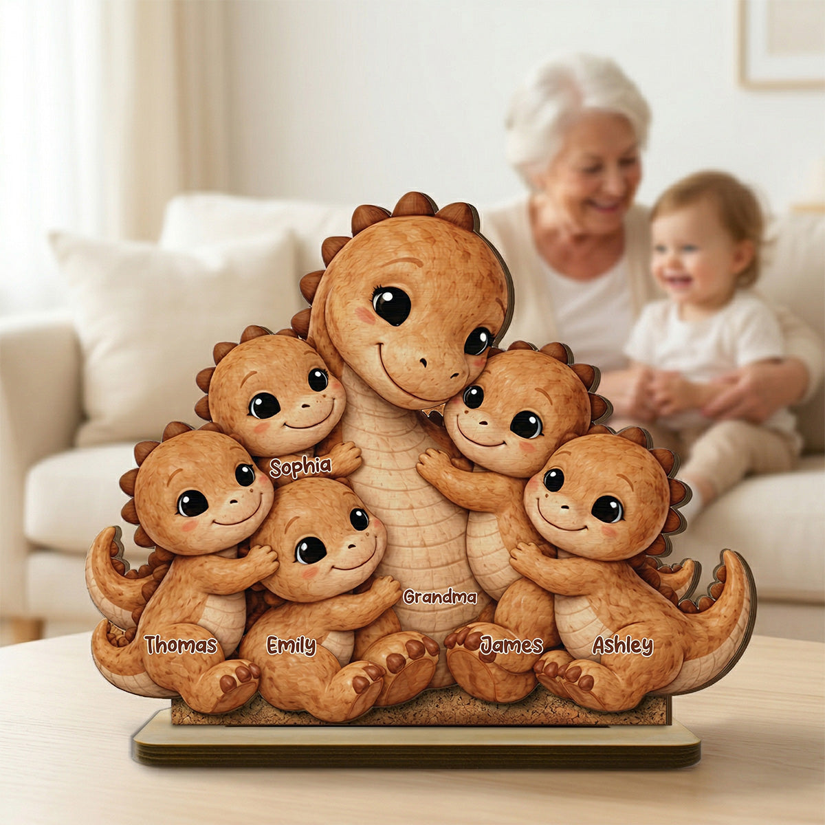 Tender Grandma And Grandchild Dino Hug - Personalized 2-Layered Wooden Plaque - Mother's Day Gift For Grandma, Mom, Wife