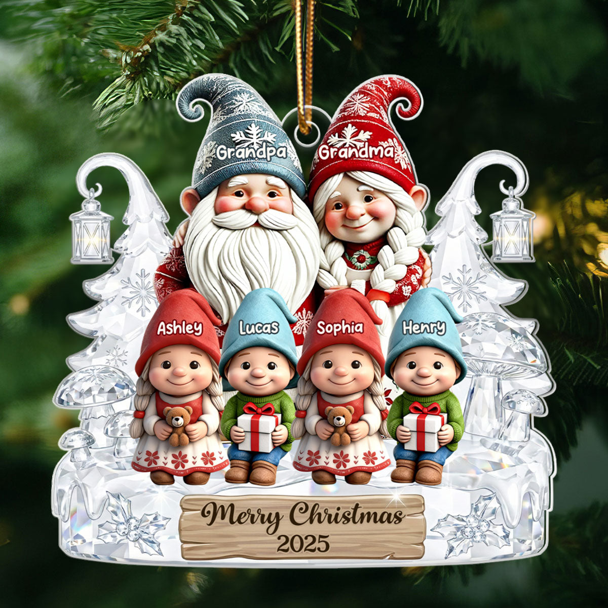 Grandpa Grandma And Grandkids Gnome Crystal Pattern - Personalized Acrylic Ornament - Heartwarming Christmas Gift For Grandma, Grandpa, Family