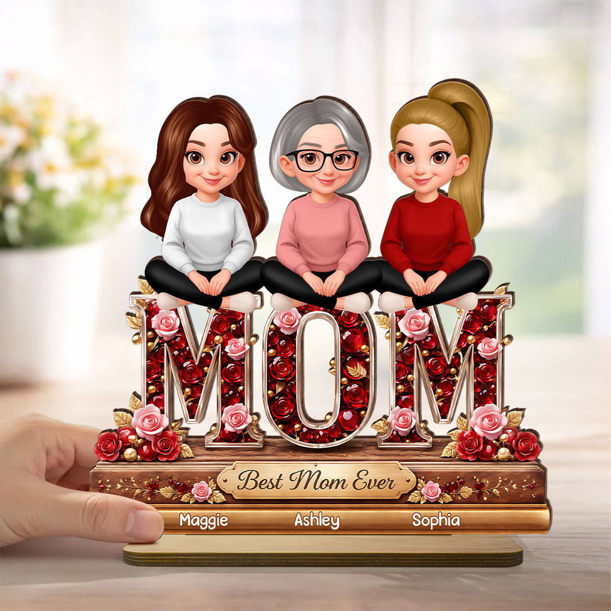 Mom Daughters Sons Sitting Best Mom Ever - Personalized 2-Layered Wooden Plaque - Heartfelt Gift For Mom, Grandma