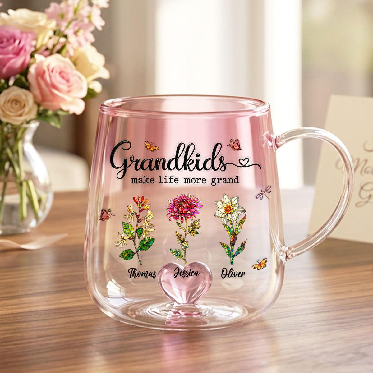 Grandkids Make Life More Grand Custom Birth Flower - Personalized Glass Mug - Heartfelt Mother's Day Gift for Grandma, Mom