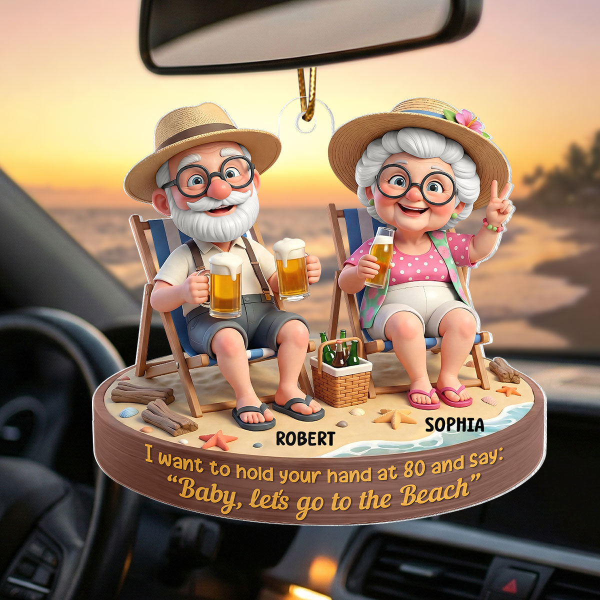 3D Effect Old Couple Baby Let's Go to the Beach  - Personalized Acrylic Car Hanger - Sentimental Gift for him, for her