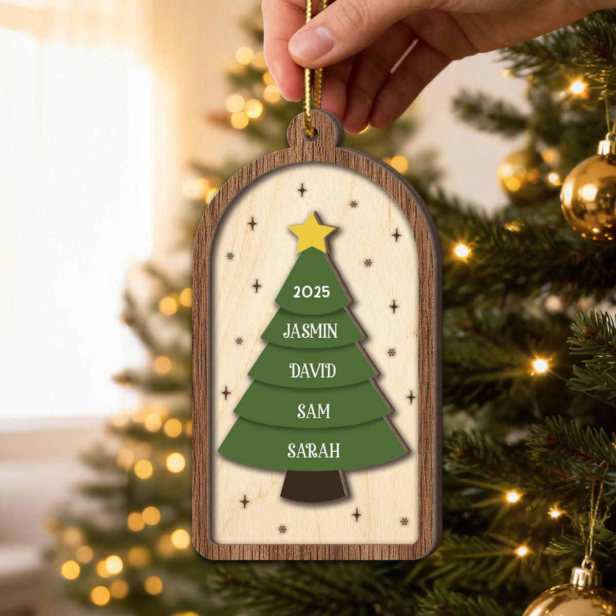 Festive Christmas Tree Family Names - Personalized 2-Layered Wooden Ornament