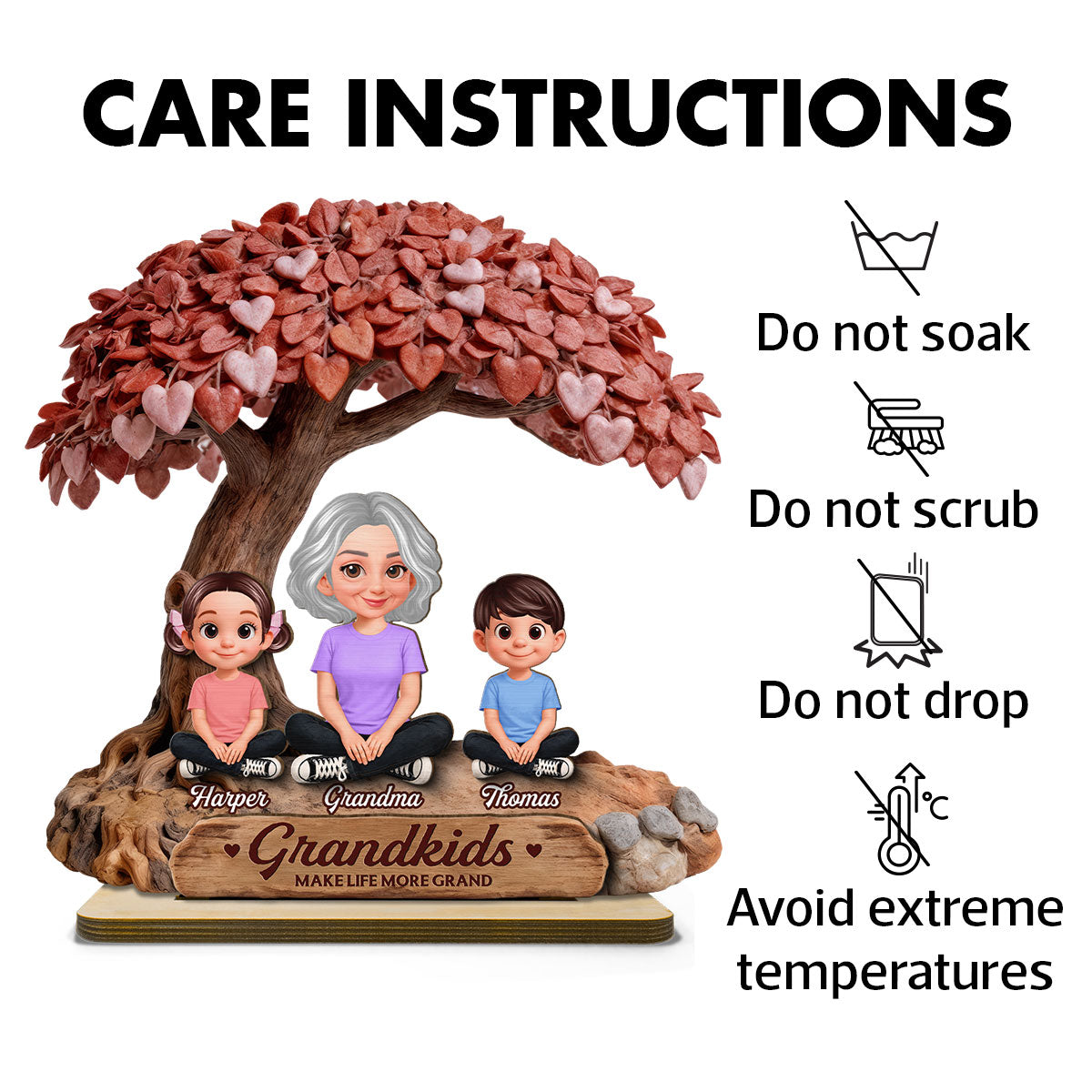 Grandma And Grandkids Under Heart Tree - Personalized 2-Layered Wooden Plaque - Gift For Grandma